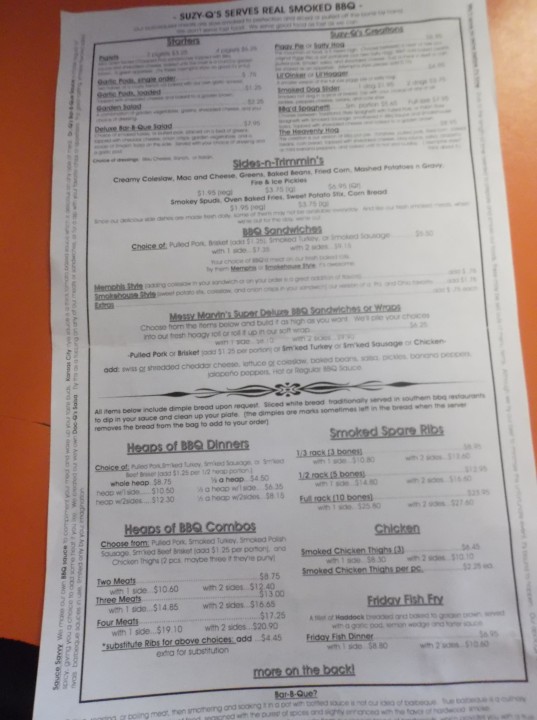 Suzy Q's Bar-B-Que Shack Buffalo New York Menu